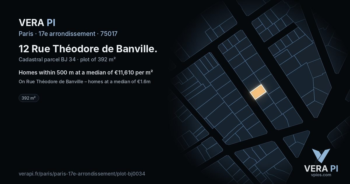 12 Rue Théodore de Banville, 17e arrondissement at night – the plot lit, the parcels around coloured by the prices near them