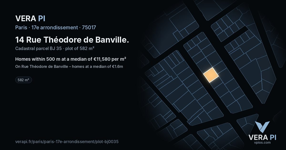 14 Rue Théodore de Banville, 17e arrondissement at night – the plot lit, the parcels around coloured by the prices near them