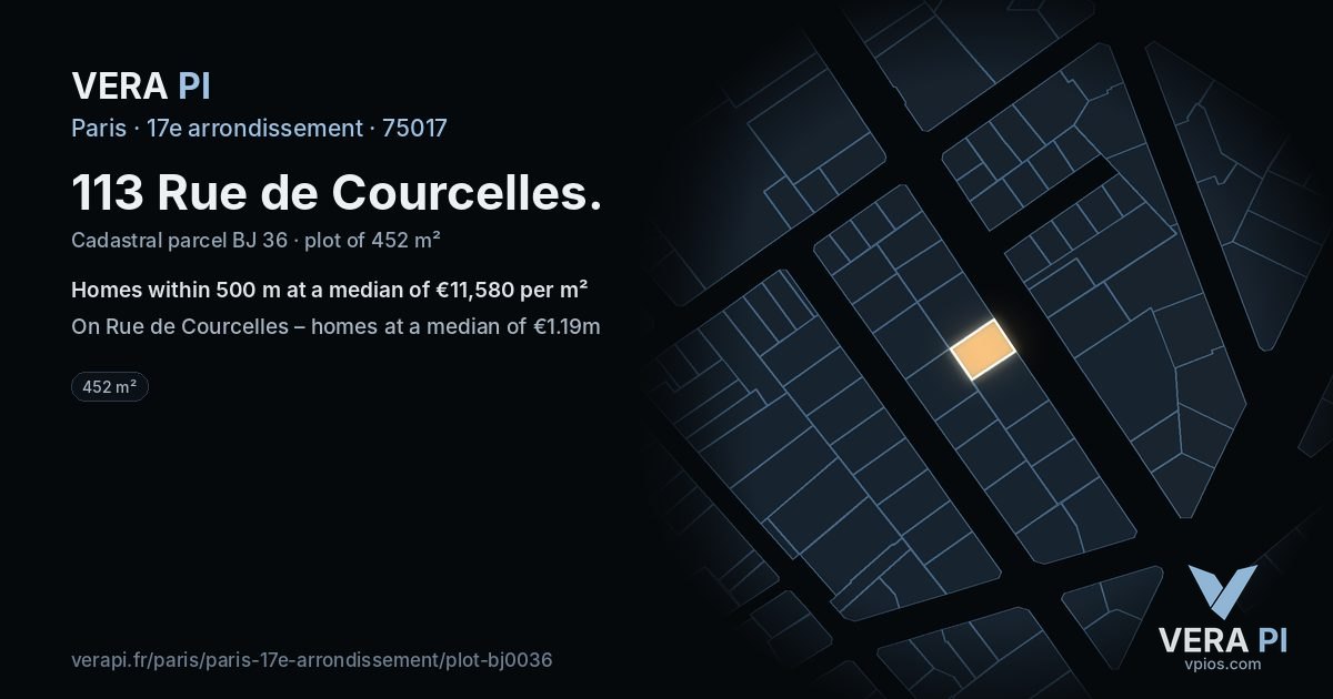 113 Rue de Courcelles, 17e arrondissement at night – the plot lit, the parcels around coloured by the prices near them