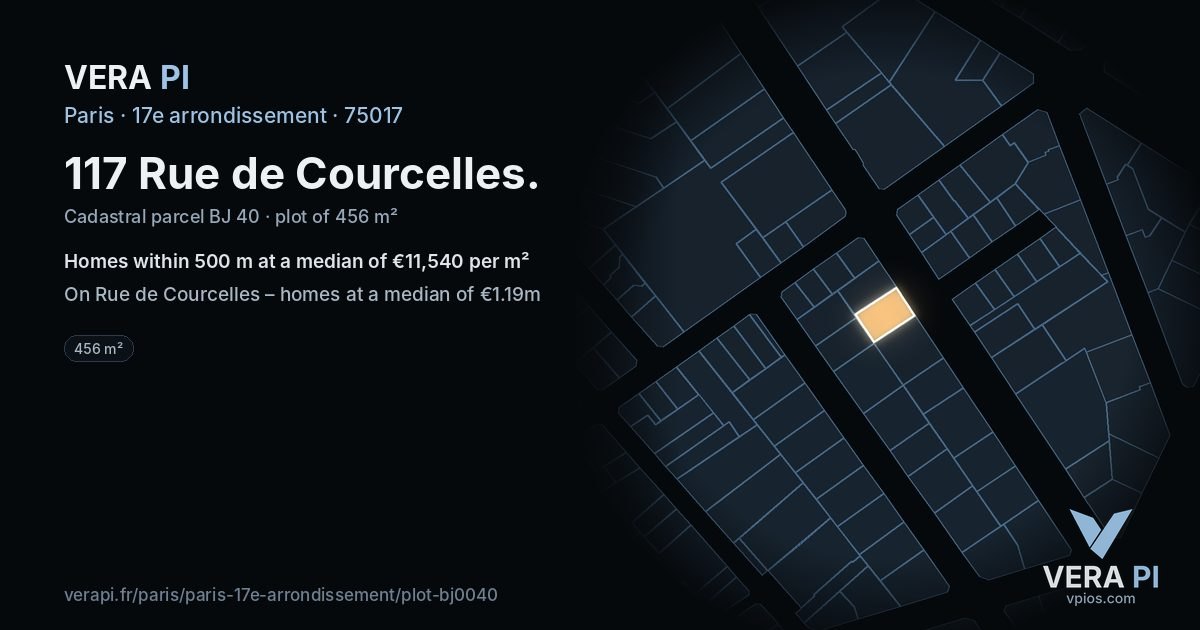 117 Rue de Courcelles, 17e arrondissement at night – the plot lit, the parcels around coloured by the prices near them