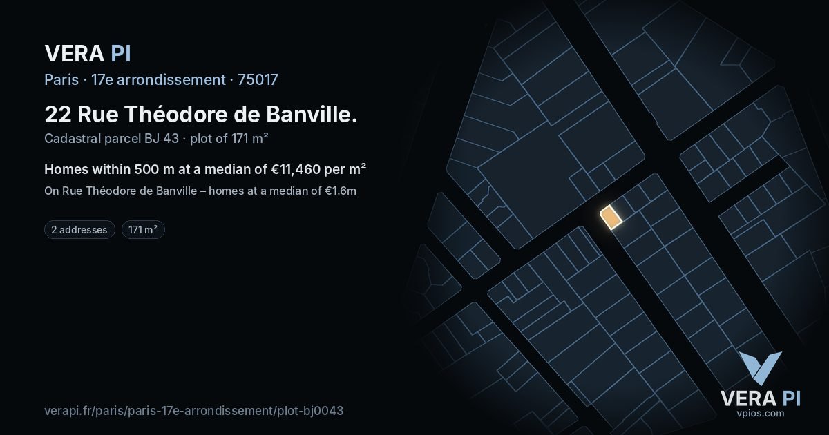 22 Rue Théodore de Banville, 17e arrondissement at night – the plot lit, the parcels around coloured by the prices near them