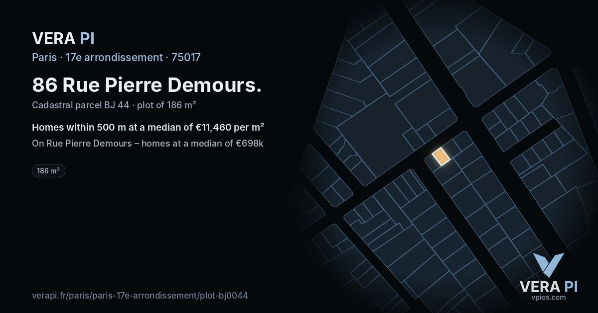 86 Rue Pierre Demours, 17e arrondissement at night – the plot lit, the parcels around coloured by the prices near them