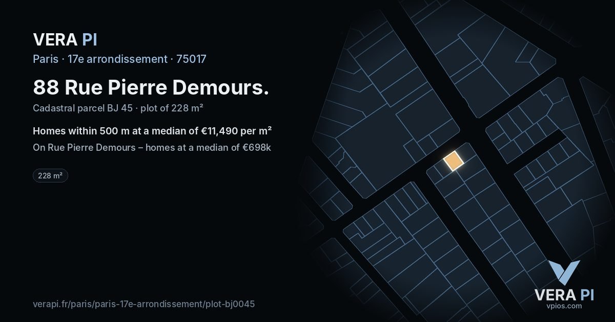 88 Rue Pierre Demours, 17e arrondissement at night – the plot lit, the parcels around coloured by the prices near them
