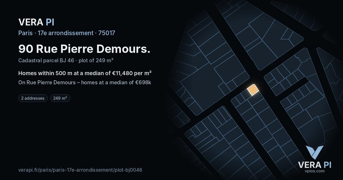 90 Rue Pierre Demours, 17e arrondissement at night – the plot lit, the parcels around coloured by the prices near them