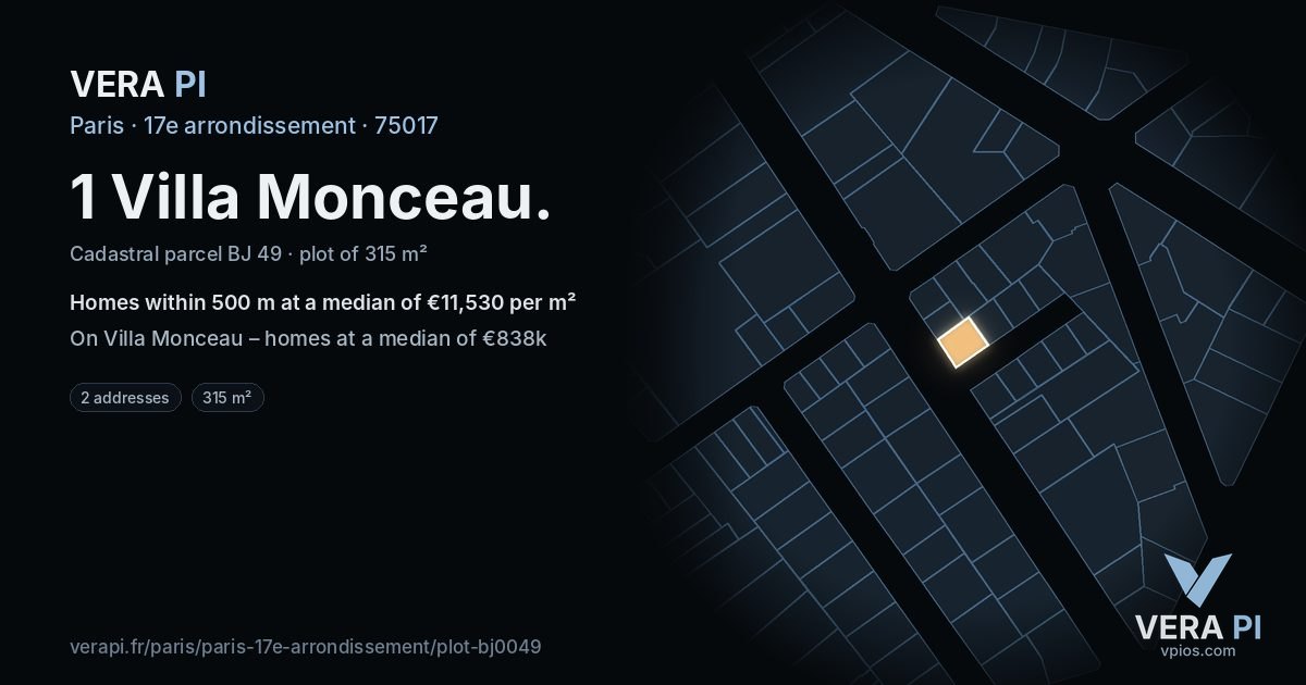 1 Villa Monceau, 17e arrondissement at night – the plot lit, the parcels around coloured by the prices near them