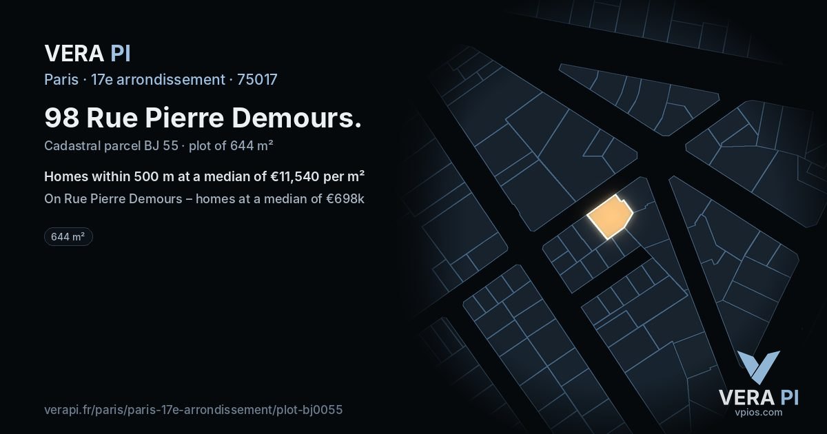 98 Rue Pierre Demours, 17e arrondissement at night – the plot lit, the parcels around coloured by the prices near them