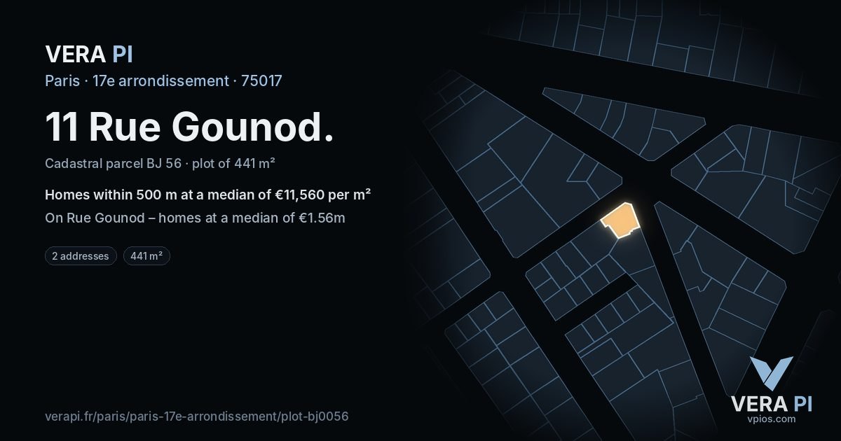 11 Rue Gounod, 17e arrondissement at night – the plot lit, the parcels around coloured by the prices near them