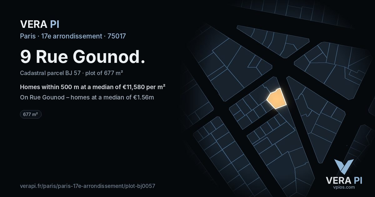 9 Rue Gounod, 17e arrondissement at night – the plot lit, the parcels around coloured by the prices near them