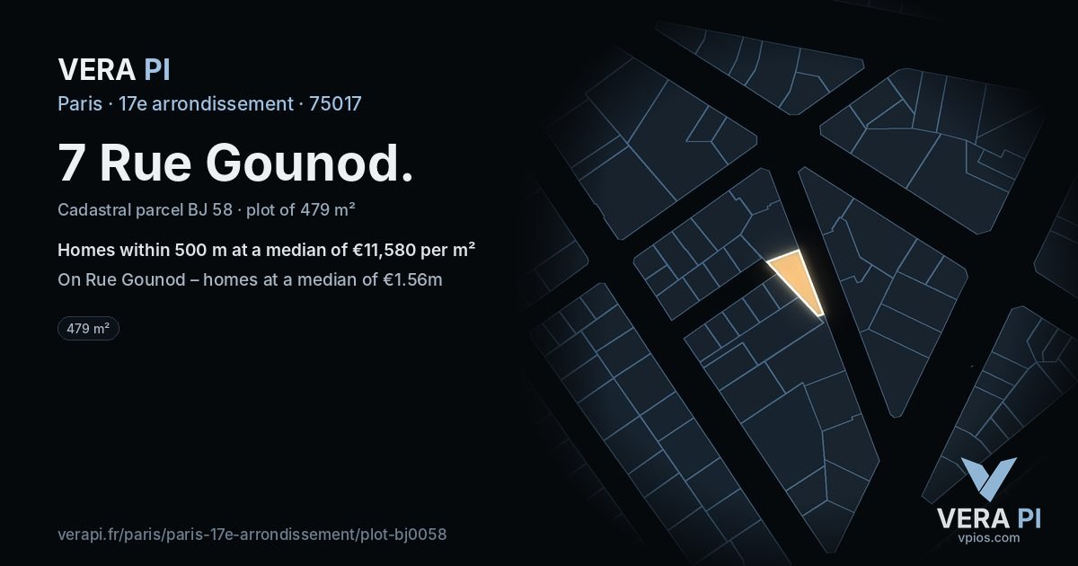 7 Rue Gounod, 17e arrondissement at night – the plot lit, the parcels around coloured by the prices near them