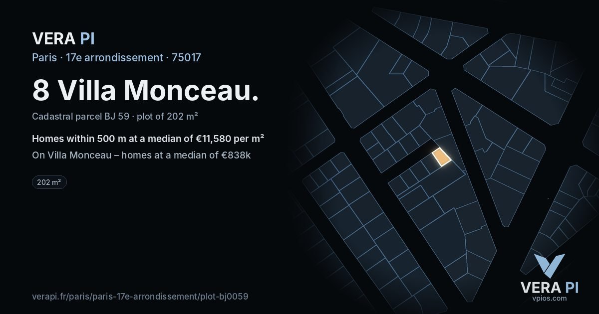 8 Villa Monceau, 17e arrondissement at night – the plot lit, the parcels around coloured by the prices near them