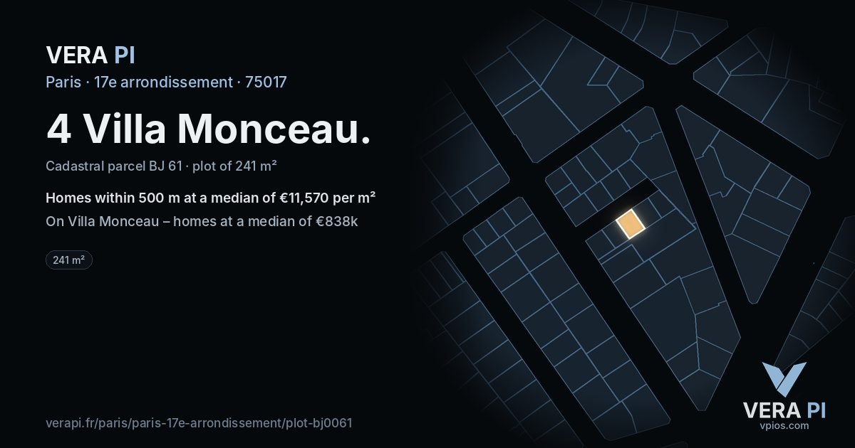 4 Villa Monceau, 17e arrondissement at night – the plot lit, the parcels around coloured by the prices near them