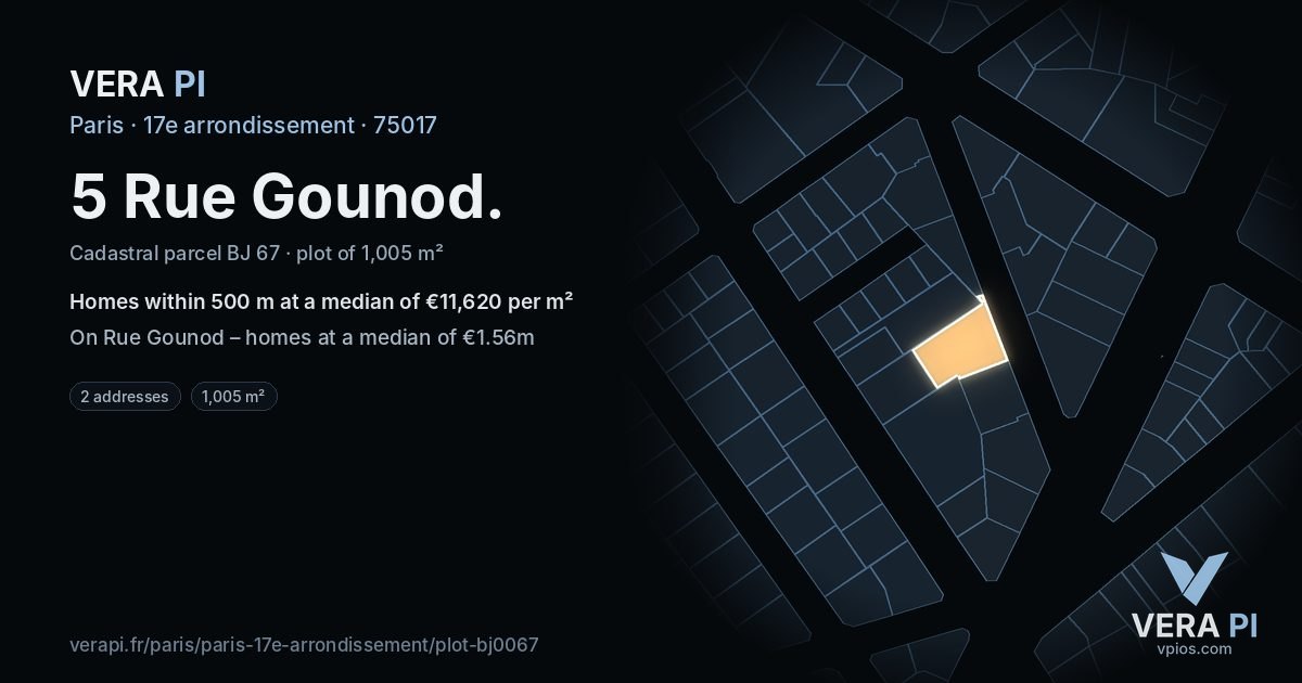 5 Rue Gounod, 17e arrondissement at night – the plot lit, the parcels around coloured by the prices near them