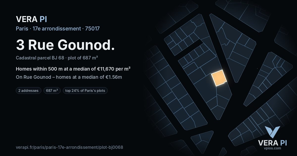 3 Rue Gounod, 17e arrondissement at night – the plot lit, the parcels around coloured by the prices near them