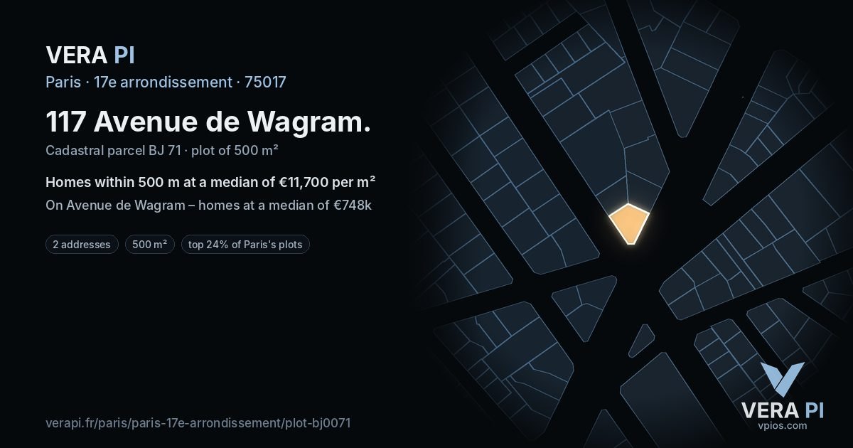 117 Avenue de Wagram, 17e arrondissement at night – the plot lit, the parcels around coloured by the prices near them