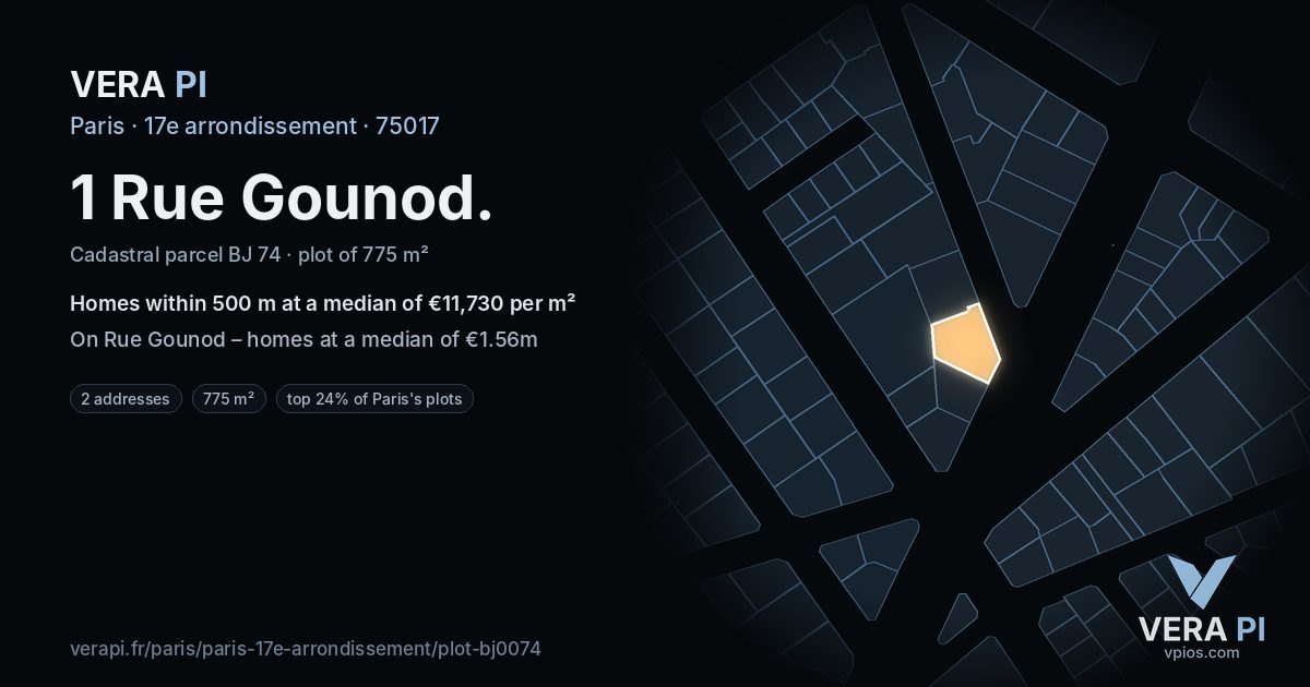 1 Rue Gounod, 17e arrondissement at night – the plot lit, the parcels around coloured by the prices near them
