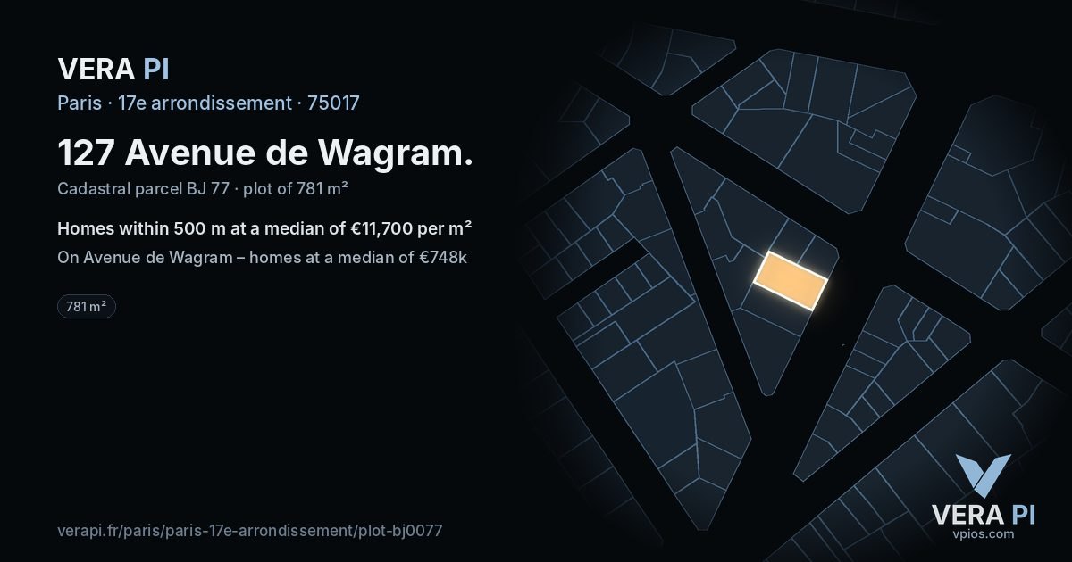 127 Avenue de Wagram, 17e arrondissement at night – the plot lit, the parcels around coloured by the prices near them
