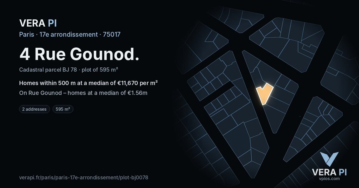 4 Rue Gounod, 17e arrondissement at night – the plot lit, the parcels around coloured by the prices near them