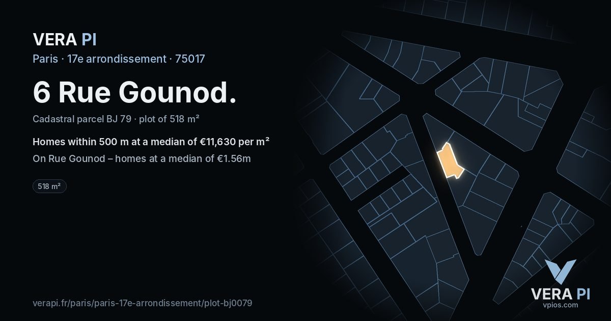 6 Rue Gounod, 17e arrondissement at night – the plot lit, the parcels around coloured by the prices near them