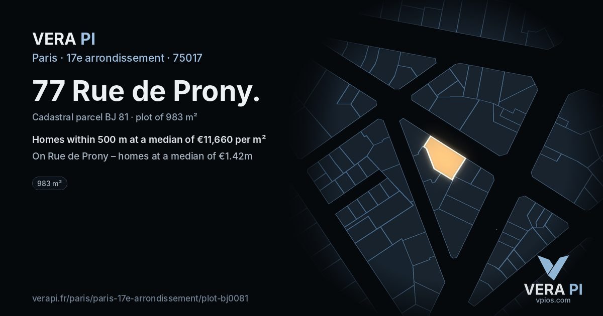 77 Rue de Prony, 17e arrondissement at night – the plot lit, the parcels around coloured by the prices near them
