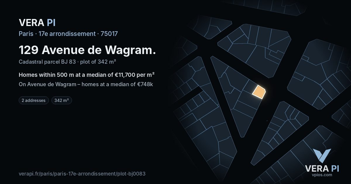 129 Avenue de Wagram, 17e arrondissement at night – the plot lit, the parcels around coloured by the prices near them