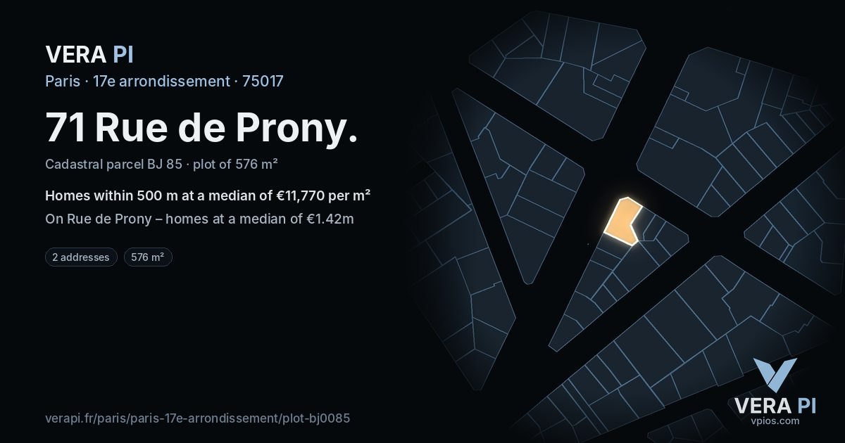 71 Rue de Prony, 17e arrondissement at night – the plot lit, the parcels around coloured by the prices near them