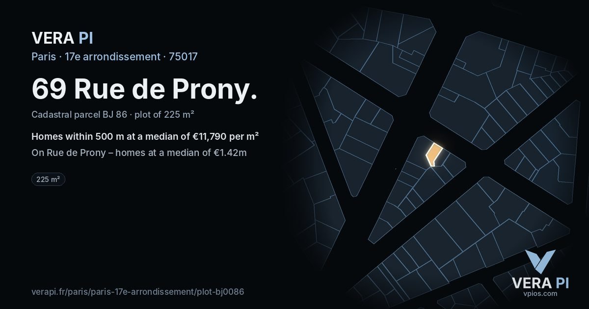 69 Rue de Prony, 17e arrondissement at night – the plot lit, the parcels around coloured by the prices near them