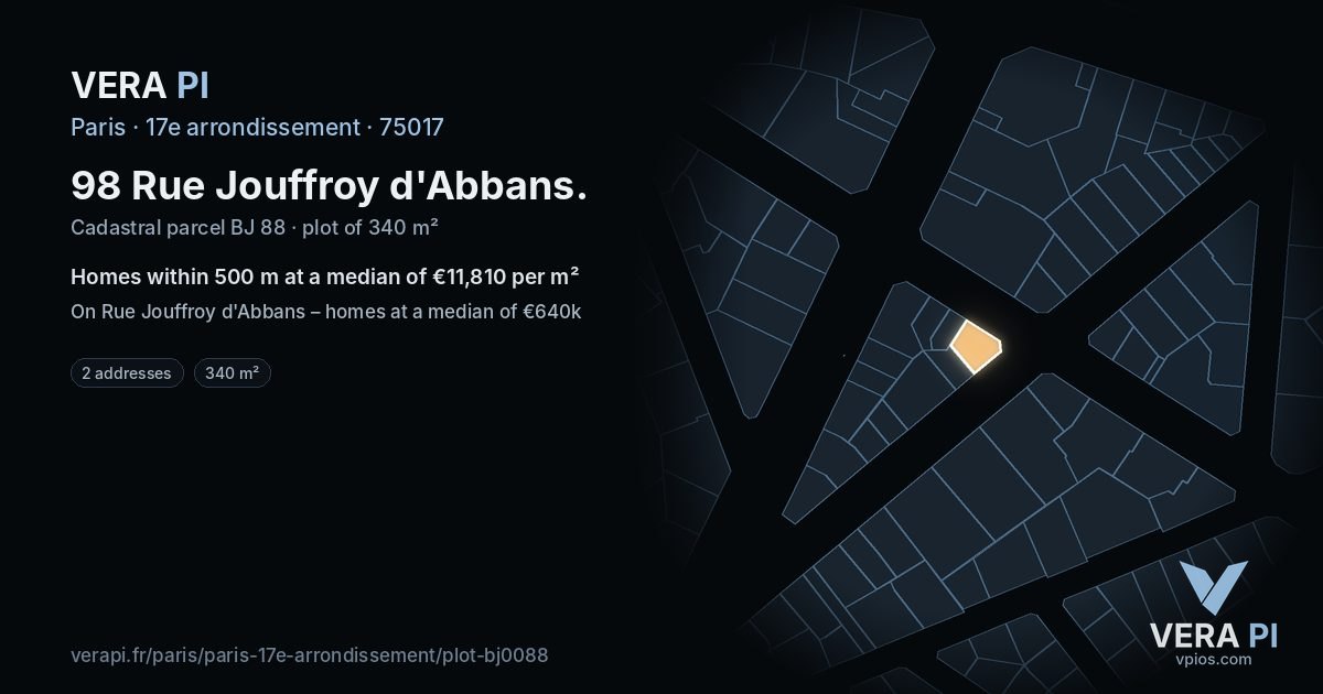 98 Rue Jouffroy d'Abbans, 17e arrondissement at night – the plot lit, the parcels around coloured by the prices near them