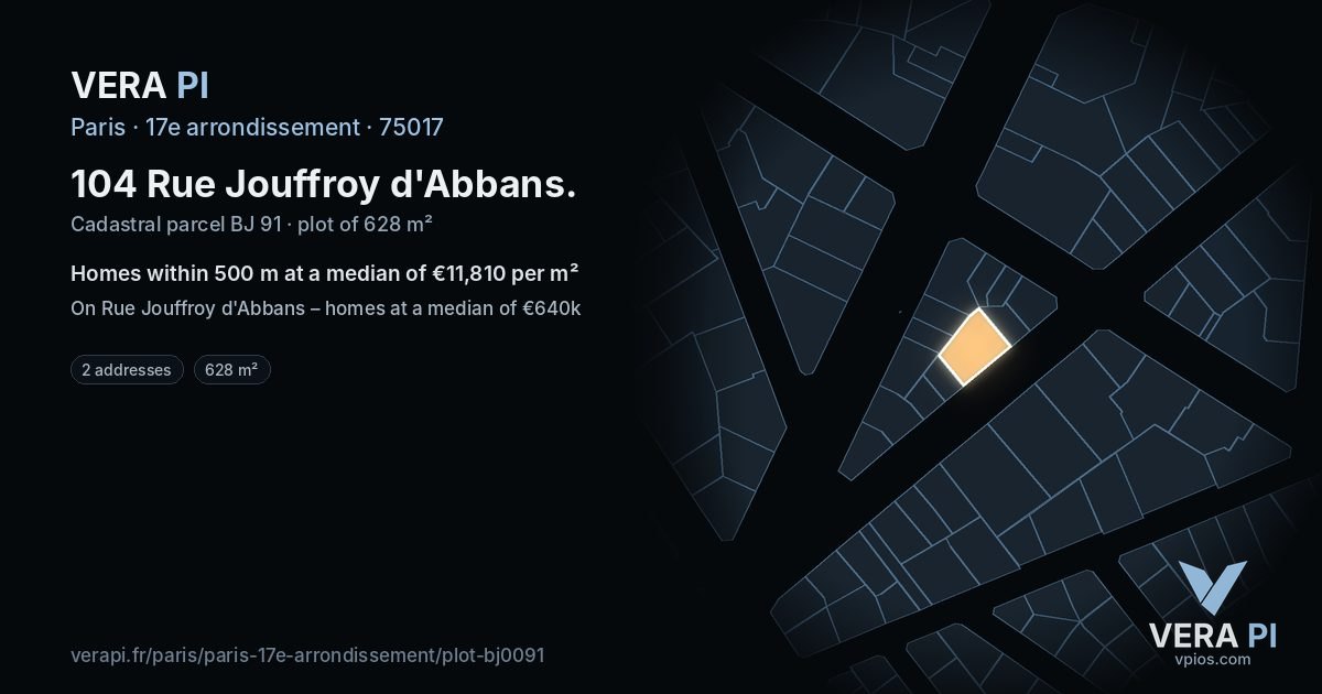104 Rue Jouffroy d'Abbans, 17e arrondissement at night – the plot lit, the parcels around coloured by the prices near them