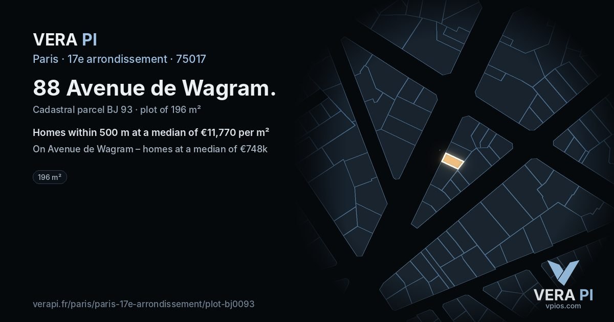 88 Avenue de Wagram, 17e arrondissement at night – the plot lit, the parcels around coloured by the prices near them