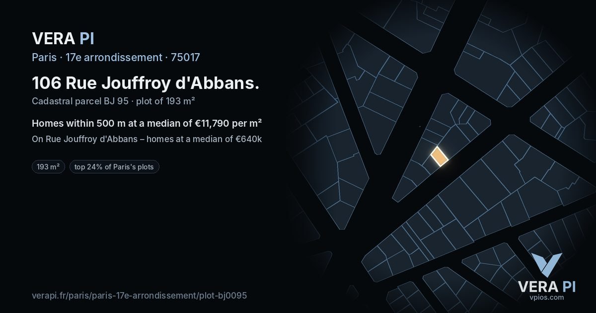 106 Rue Jouffroy d'Abbans, 17e arrondissement at night – the plot lit, the parcels around coloured by the prices near them