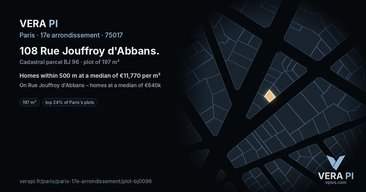 108 Rue Jouffroy d'Abbans, 17e arrondissement at night – the plot lit, the parcels around coloured by the prices near them