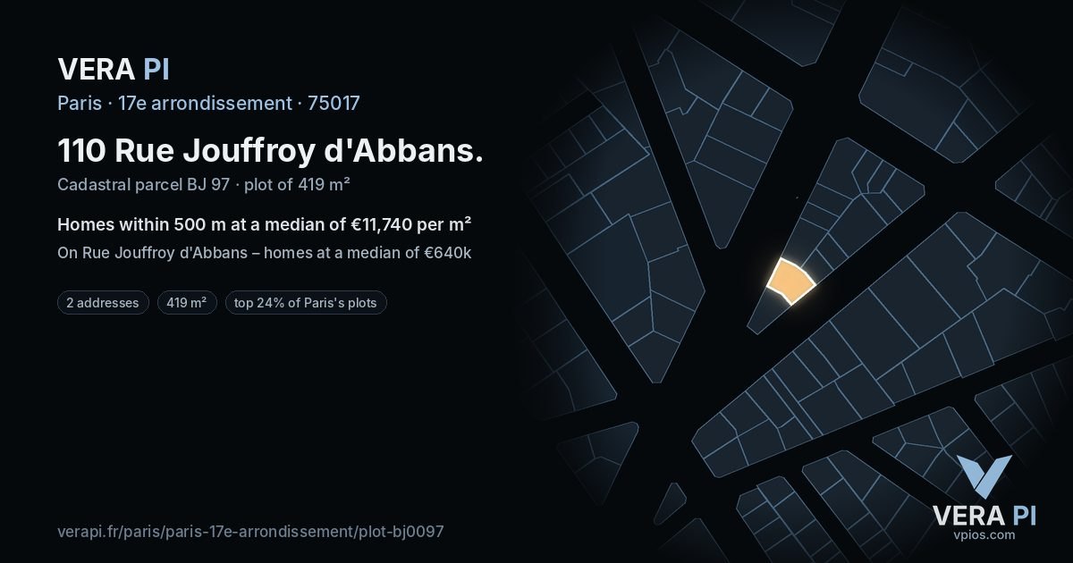 110 Rue Jouffroy d'Abbans, 17e arrondissement at night – the plot lit, the parcels around coloured by the prices near them