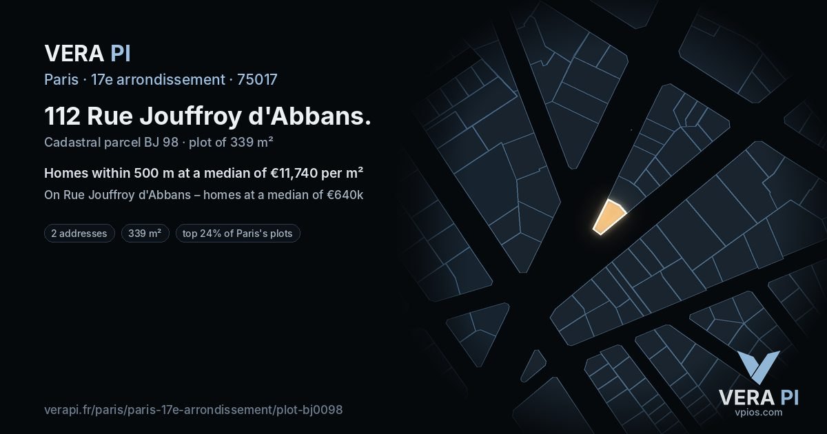 112 Rue Jouffroy d'Abbans, 17e arrondissement at night – the plot lit, the parcels around coloured by the prices near them