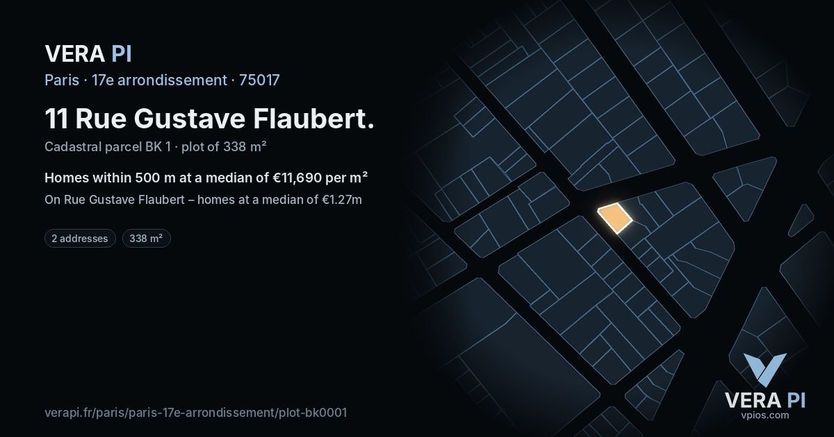 11 Rue Gustave Flaubert, 17e arrondissement at night – the plot lit, the parcels around coloured by the prices near them