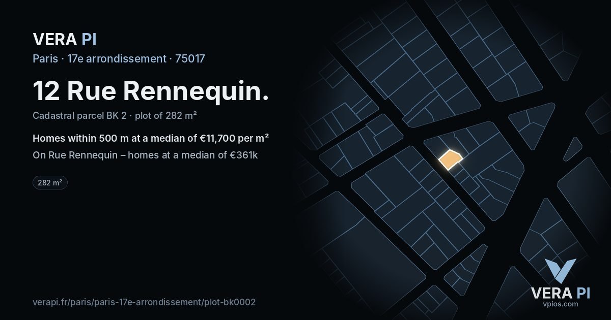 12 Rue Rennequin, 17e arrondissement at night – the plot lit, the parcels around coloured by the prices near them