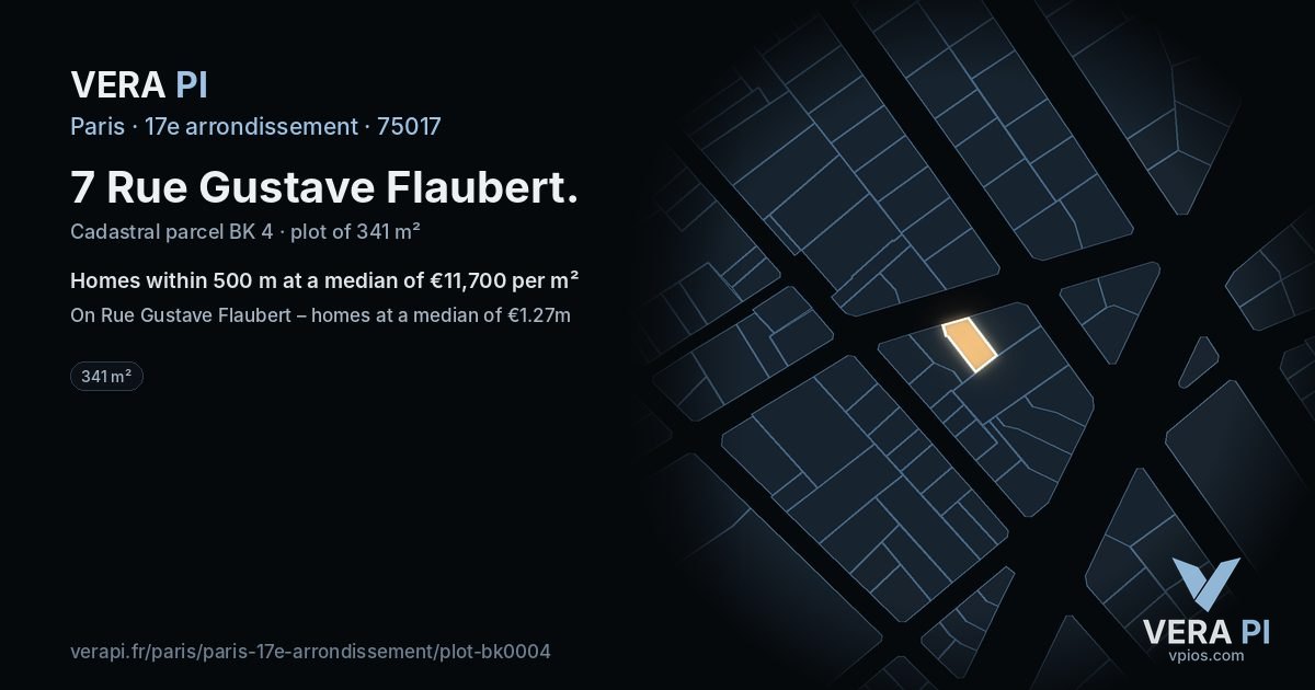 7 Rue Gustave Flaubert, 17e arrondissement at night – the plot lit, the parcels around coloured by the prices near them