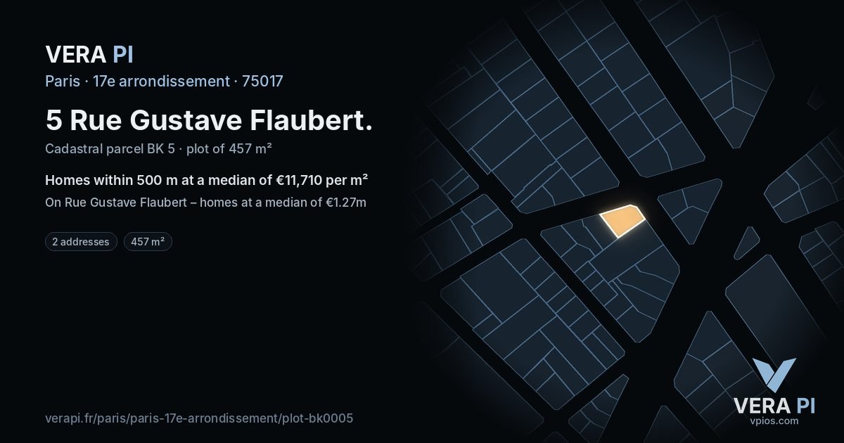 5 Rue Gustave Flaubert, 17e arrondissement at night – the plot lit, the parcels around coloured by the prices near them