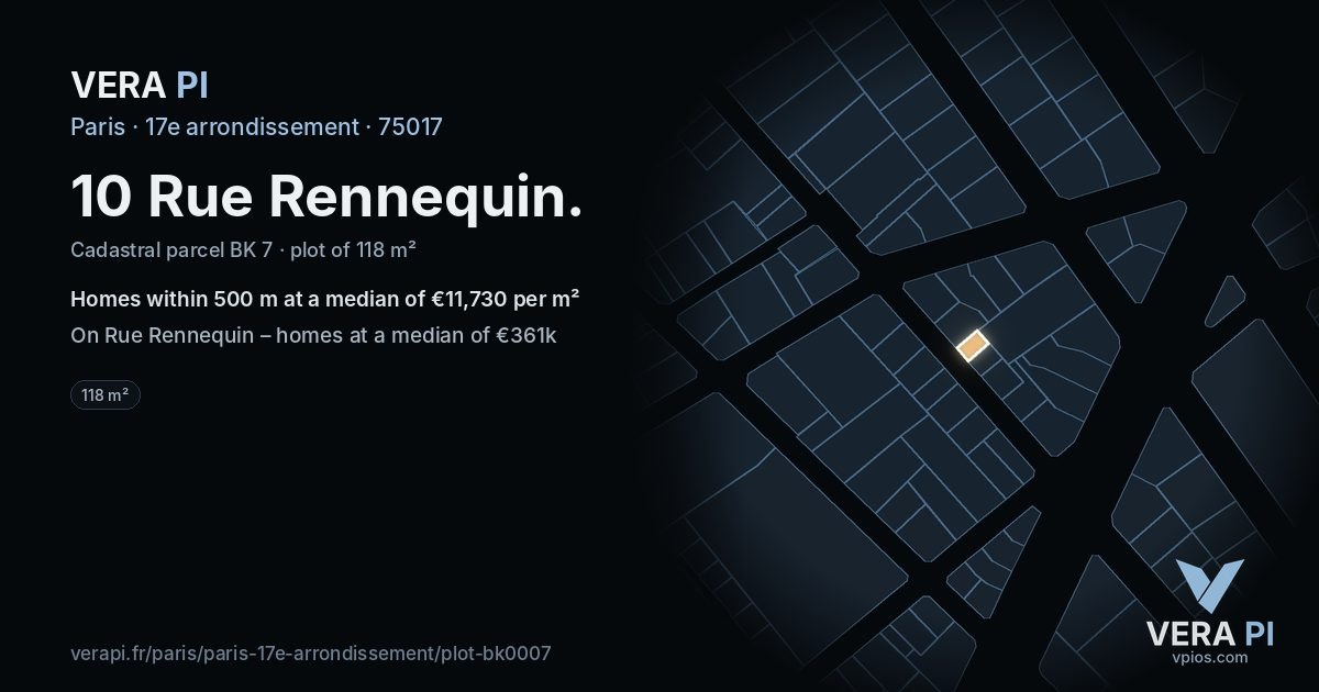 10 Rue Rennequin, 17e arrondissement at night – the plot lit, the parcels around coloured by the prices near them