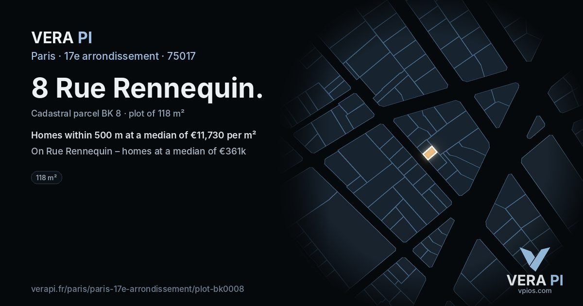 8 Rue Rennequin, 17e arrondissement at night – the plot lit, the parcels around coloured by the prices near them