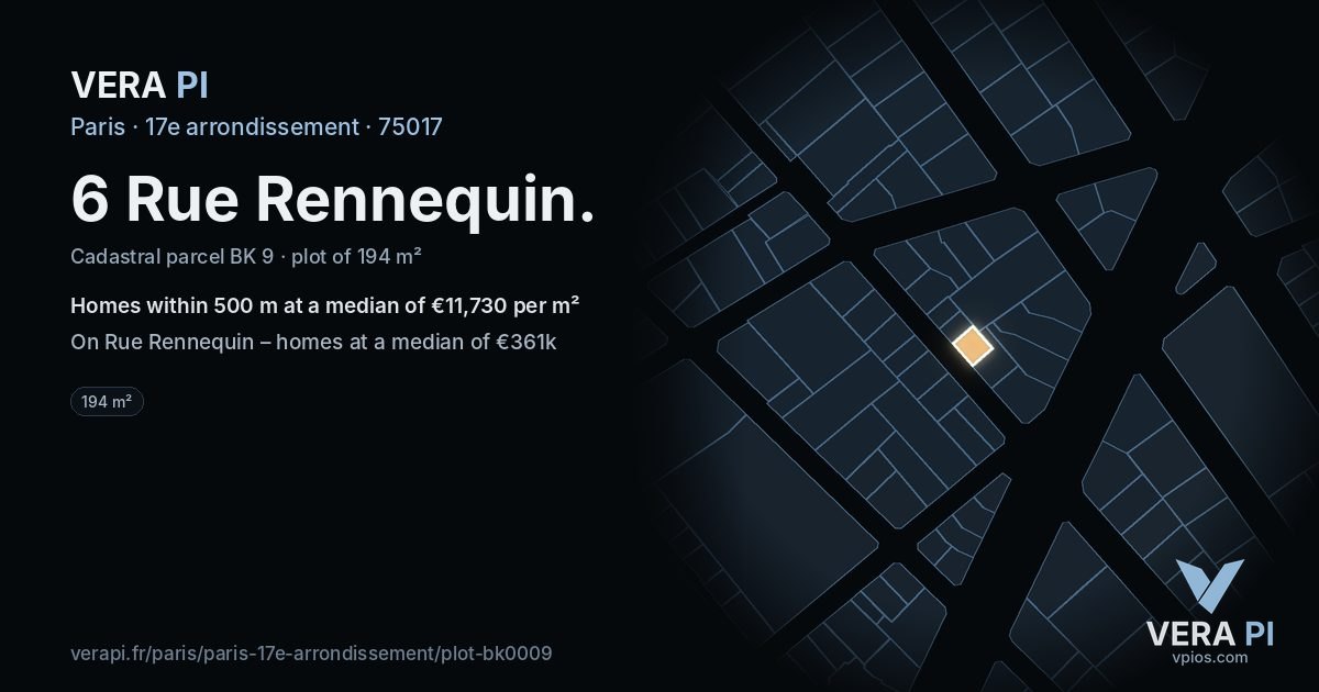 6 Rue Rennequin, 17e arrondissement at night – the plot lit, the parcels around coloured by the prices near them