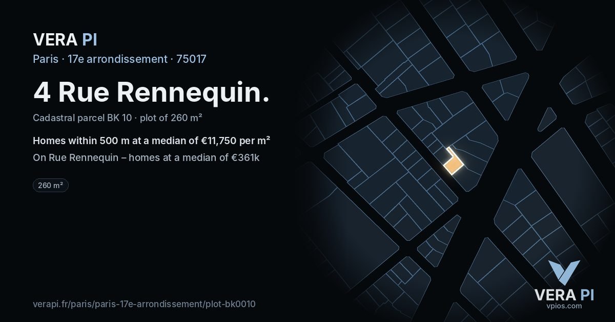 4 Rue Rennequin, 17e arrondissement at night – the plot lit, the parcels around coloured by the prices near them