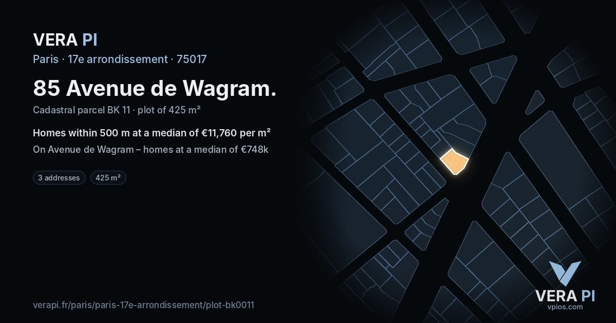 85 Avenue de Wagram, 17e arrondissement at night – the plot lit, the parcels around coloured by the prices near them