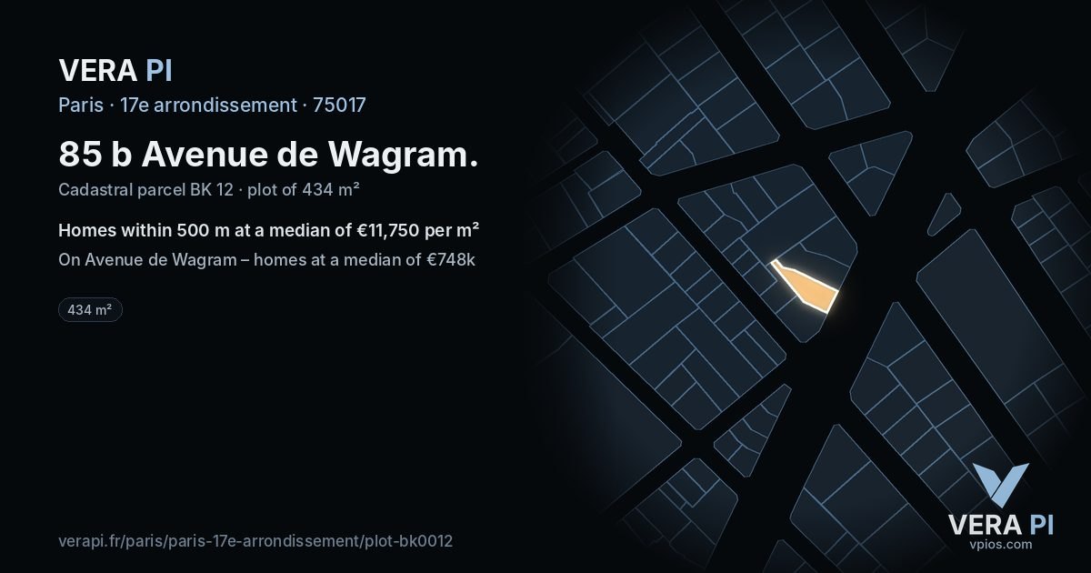 85 b Avenue de Wagram, 17e arrondissement at night – the plot lit, the parcels around coloured by the prices near them