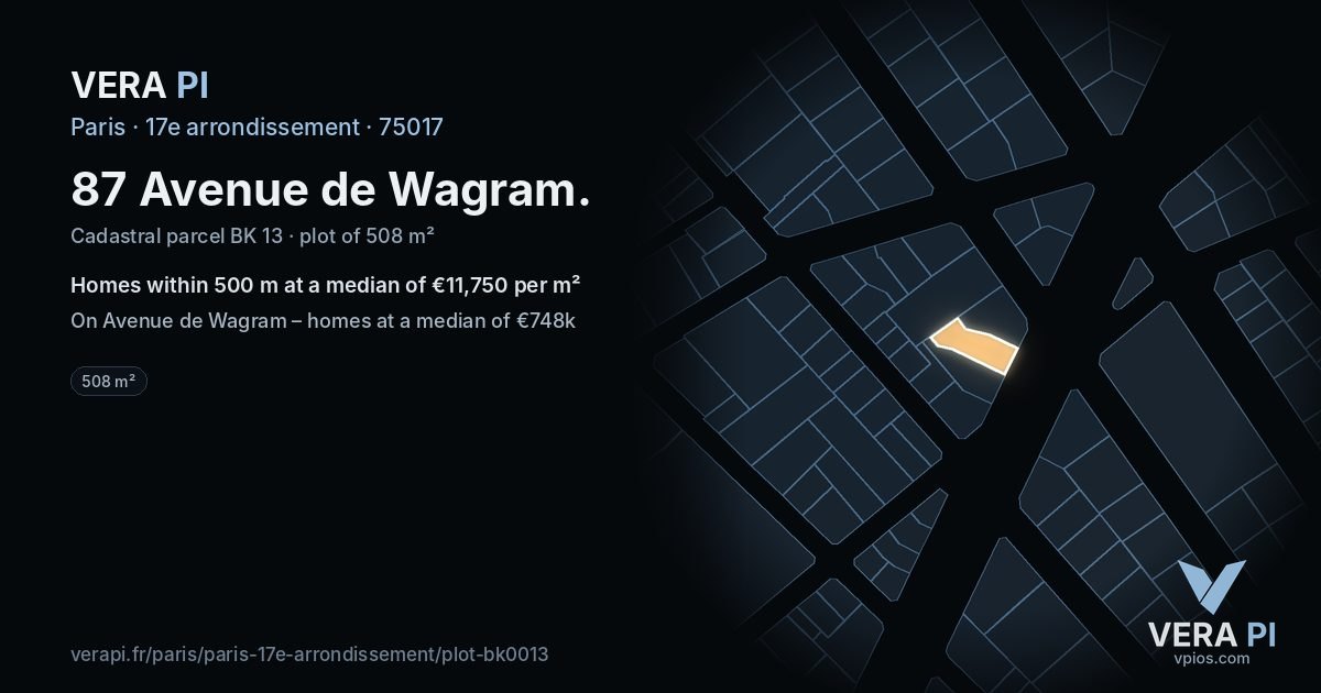 87 Avenue de Wagram, 17e arrondissement at night – the plot lit, the parcels around coloured by the prices near them