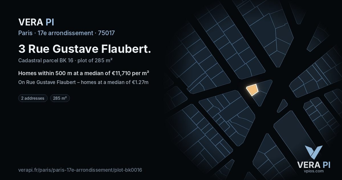 3 Rue Gustave Flaubert, 17e arrondissement at night – the plot lit, the parcels around coloured by the prices near them