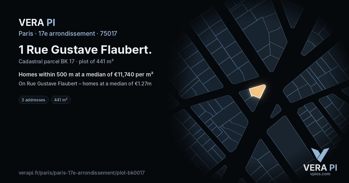 1 Rue Gustave Flaubert, 17e arrondissement at night – the plot lit, the parcels around coloured by the prices near them
