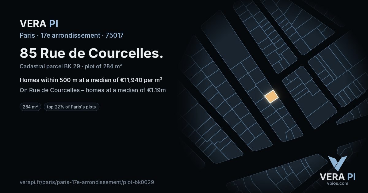 85 Rue de Courcelles, 17e arrondissement at night – the plot lit, the parcels around coloured by the prices near them