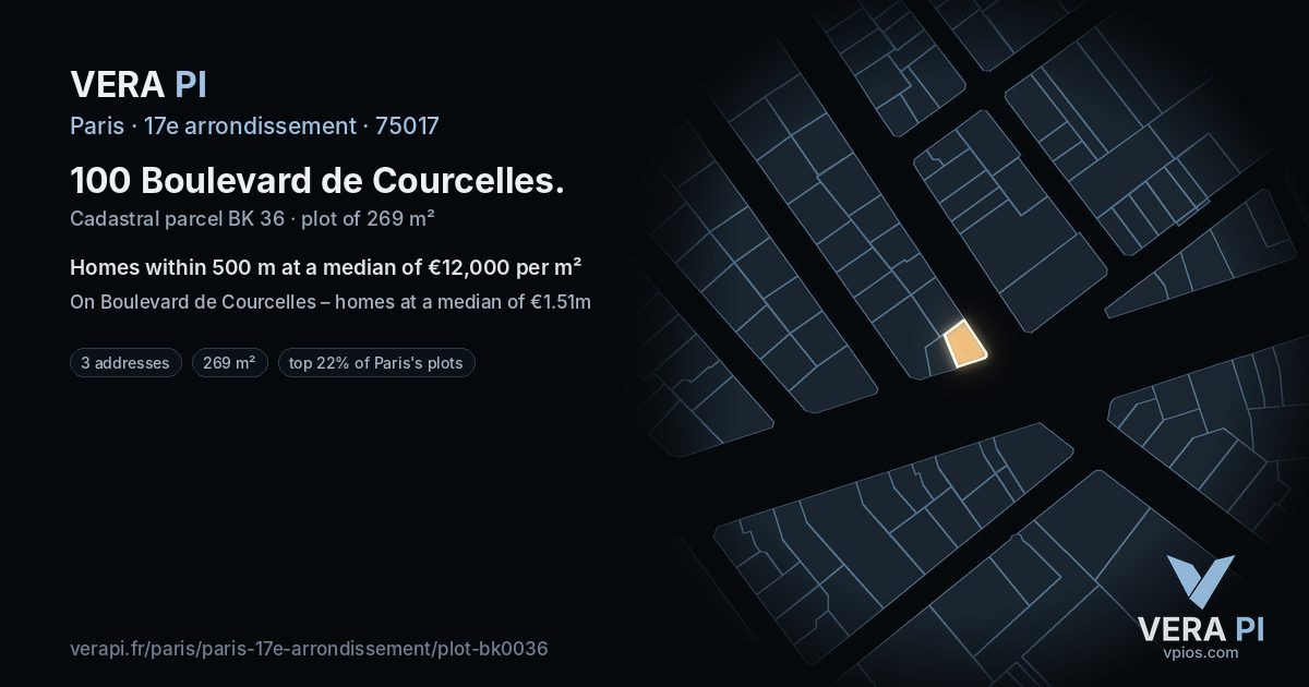 100 Boulevard de Courcelles, 17e arrondissement at night – the plot lit, the parcels around coloured by the prices near them
