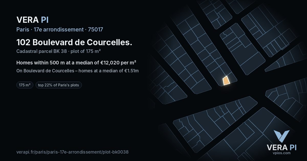 102 Boulevard de Courcelles, 17e arrondissement at night – the plot lit, the parcels around coloured by the prices near them