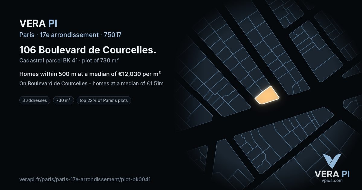 106 Boulevard de Courcelles, 17e arrondissement at night – the plot lit, the parcels around coloured by the prices near them
